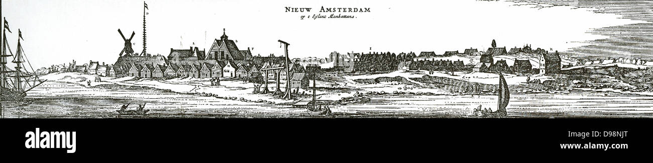 New Amsterdam (later New York) viewed from the Hudson river in 1609 Stock Photo