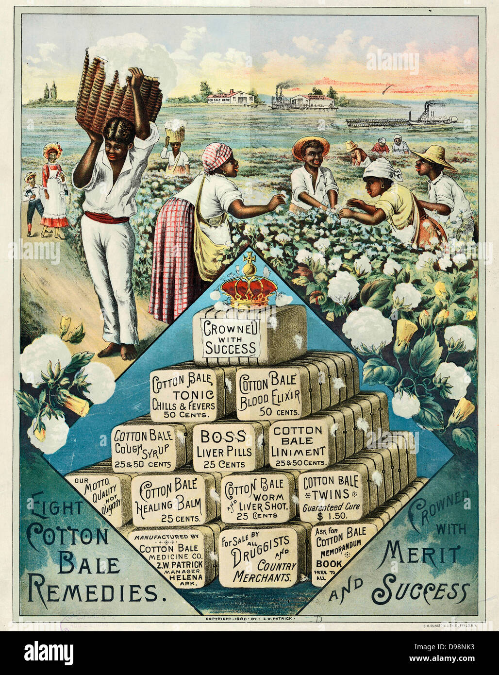 Advertisement for Cotton Bale Medicine Co. Patent medicines (Helena, Arkansas, USA). Above pile of remedies, African-American labourers are picking cotton, Mississippi river in background. Agriculture Textile Chromolithograph Stock Photo