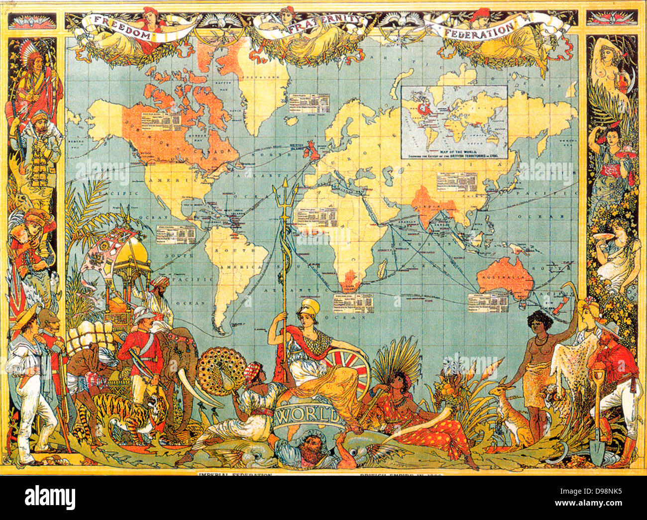 British Empire, 1886, a Federation of Britain, dominions, colonies, protectorates, and mandates spread throughout the world and controlled by Britannia's naval and military power. Colonialism Jingoism Chromolithograph Stock Photo