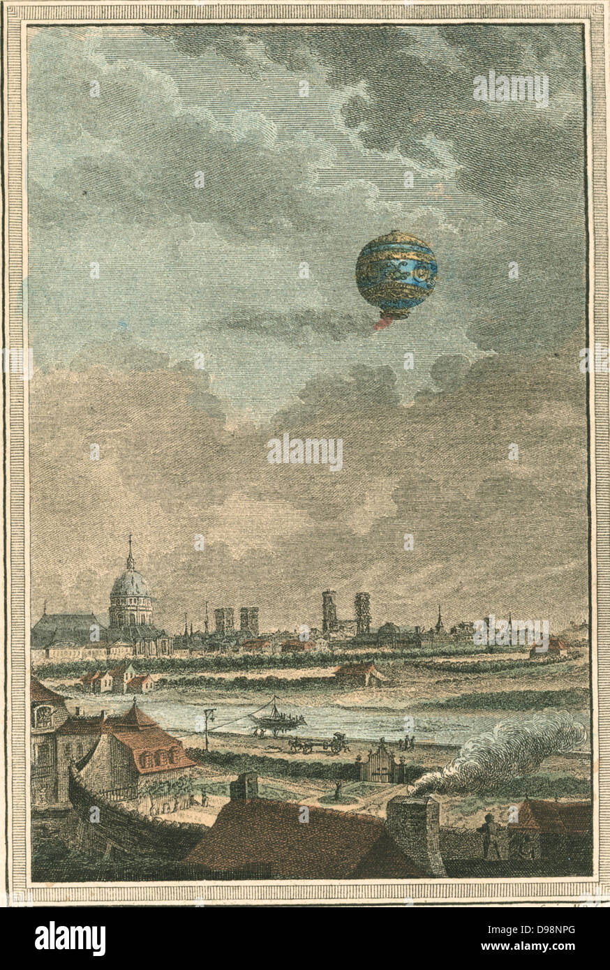 Montgolfier brothers' hot air hot air balloon over Paris, France, 1783. Engraving by Nicolas de Launay, French engraver. Flying Aeronautics Aviation Stock Photo