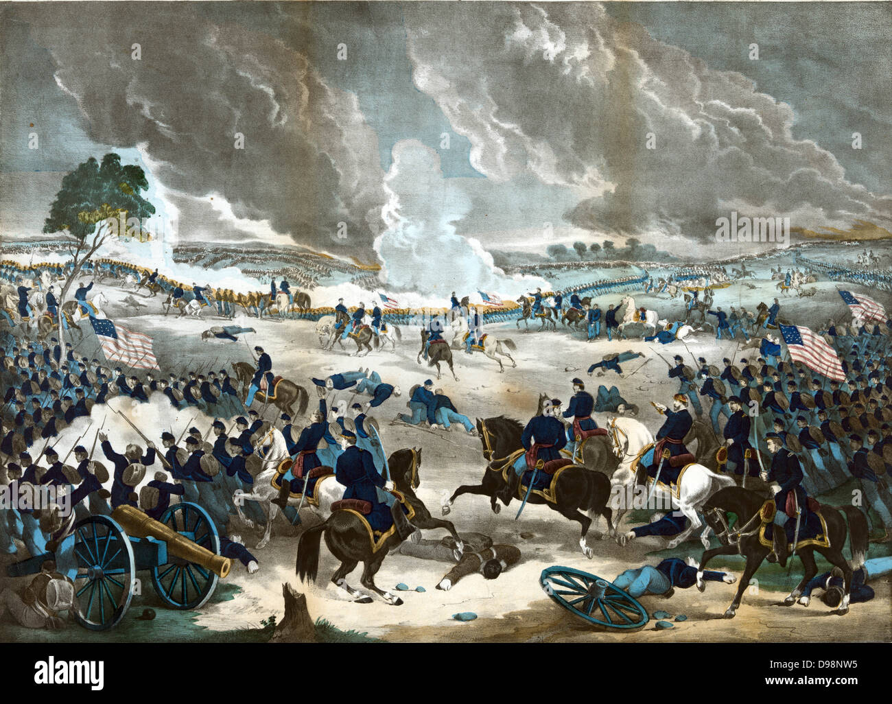 American Civil War 1861-1865: Battle of Gettysburg 1-3 July 1863, ending Lee's invasion of the North. Union infantry advancing from the right. Print of 1867. Fighting Action Soldier Flag Weapon Rifle Bayonet Field Gun Fire Smoke Stock Photo
