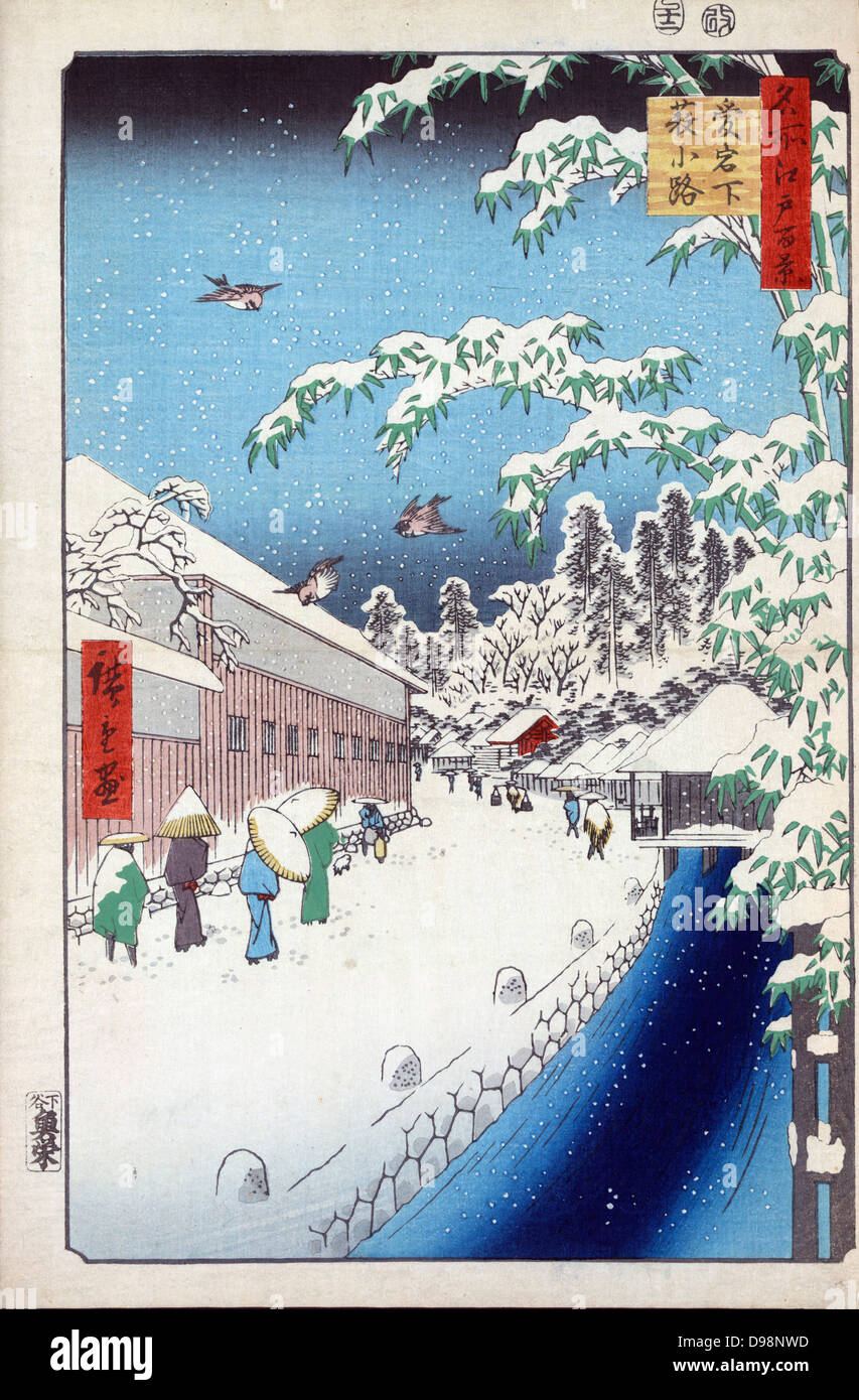 Atagoshita and Yabu Lane: 1857. Utagawa Hiroshige (1797-1858) Japanese Ukiyo-e artist 'One Hundred Famous View s of Edo' (Tokyo). Pedestrians in falling snow, Mount Atago right background, Bamboo right foreground. Winter Sparrow Stock Photo