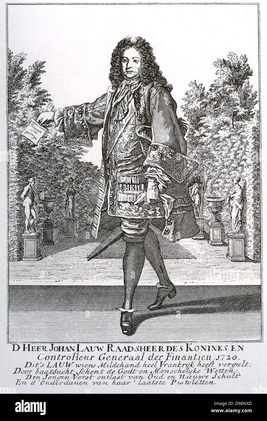 John Law, Economist, was the son of a banker in Edinburgh. Baptised 21/4/1671, died 1729. He believed that money was a means of exchange that did not constitute wealth.  He was appointed Controller General of France under King Louis XV. Stock Photo