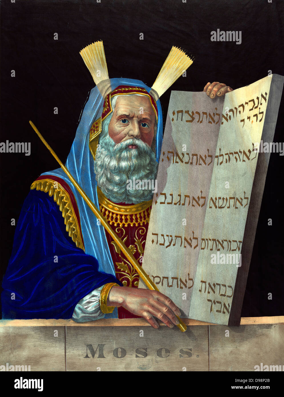 Moses, religious leader and principal prophet of Israelites. Half-length 'portrait' of Moses facing right, holding the tablets inscribed with the Ten Commandments given him by God on Mount Sinai. Hand-coloured lithograph c1874. Judaism Stock Photo