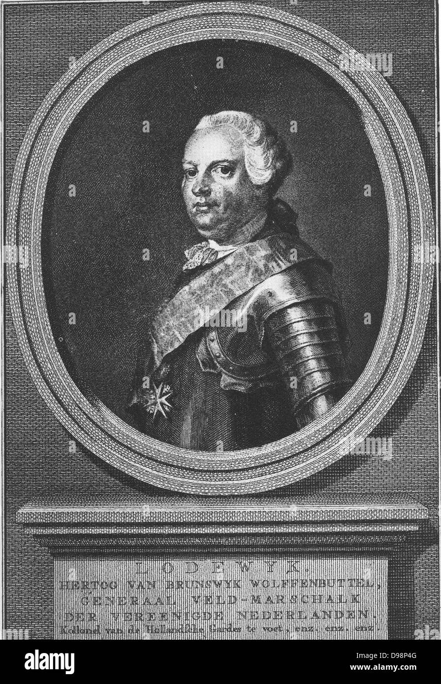 Louis Ernest of Brunswick-Lüneburg-Bevern (25 September 1718, Wolfenbüttel - 12 May 1788, Eisenach) was a field-marshal in the armies of the Holy Roman Empire and the Dutch Republic. From 13 November 1750 to 1766 he was the Captain-General of the Netherlands, where he was known as the Duke of Brunswick or (to distinguish him from his eldest brother Charles, who succeeded to their father's title of Duke of Brunswick-Lüneburg) Duke of Brunswick-Wolfenbüttel. Another brother was Duke Ferdinand of Brunswick who led the Allied Anglo-German army during the Seven Years' War. Stock Photo