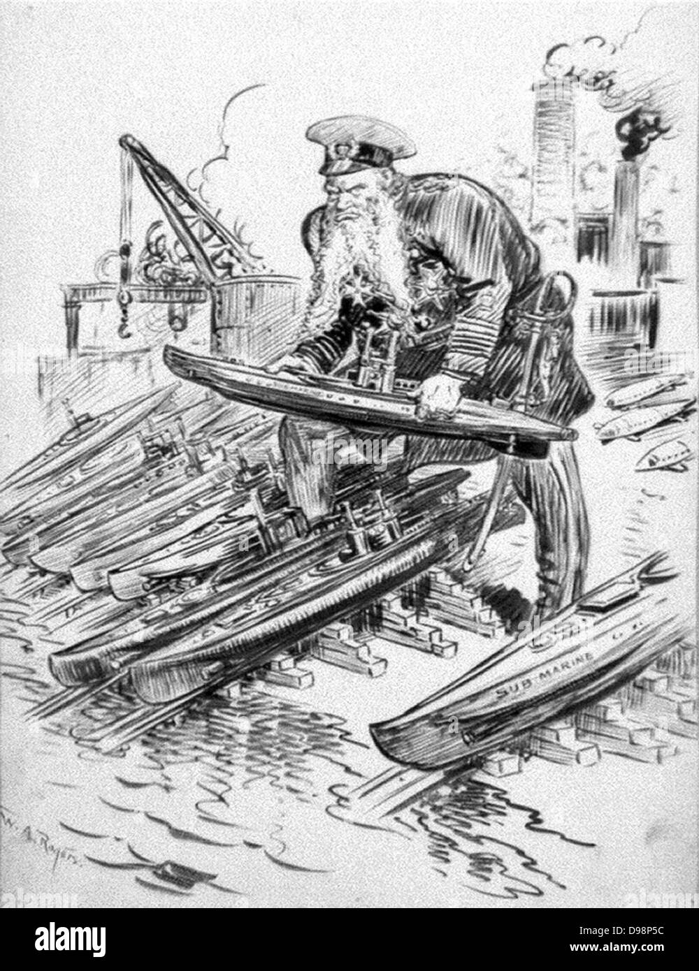 German Grand Admiral Alfred von Tirpitz (1849-1930) with his answer to British naval strength. He promoted unrestricted submarine warfare. William Allen Rogers (1854-1931) American artist. World War I 1914-1918. Naval Stock Photo
