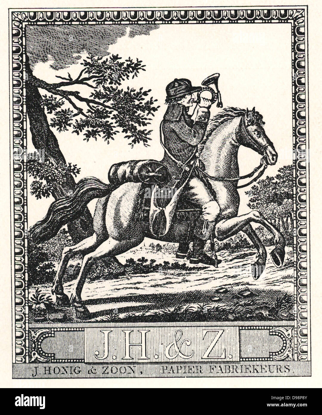 1799 woodcut showing a mounted postman blowing a trumpet as he delivers letters. Dutch Stock Photo