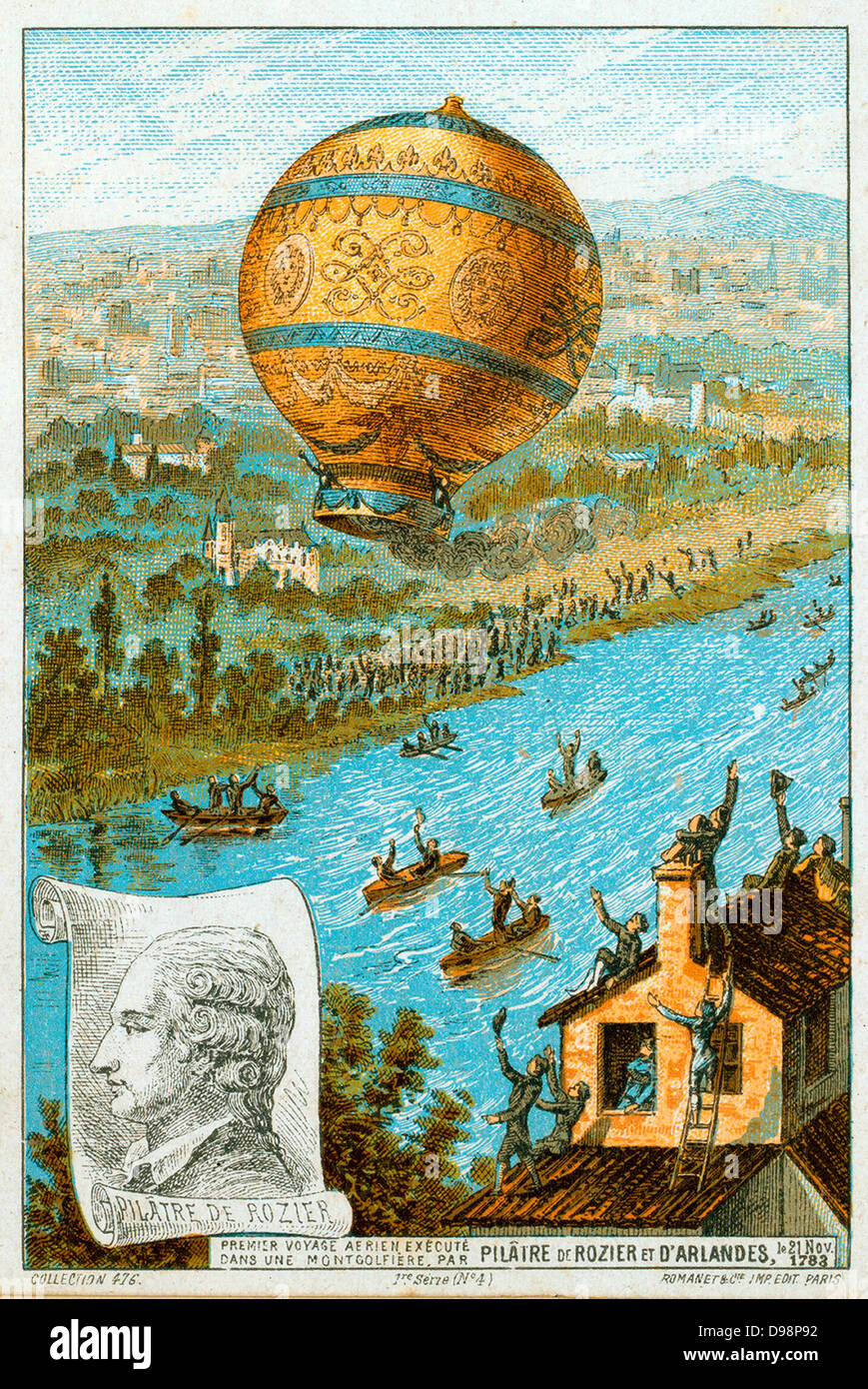 First manned free balloon flight, Pilatre de Rozier and the Marquis d'Arlandes, 21 November 1783, in Montgolfier (hot air) balloon from the Bois de Boulogne, Paris, France, travelling 9km in 25 minutes. Aeronautics Aviation Ballooning Stock Photo