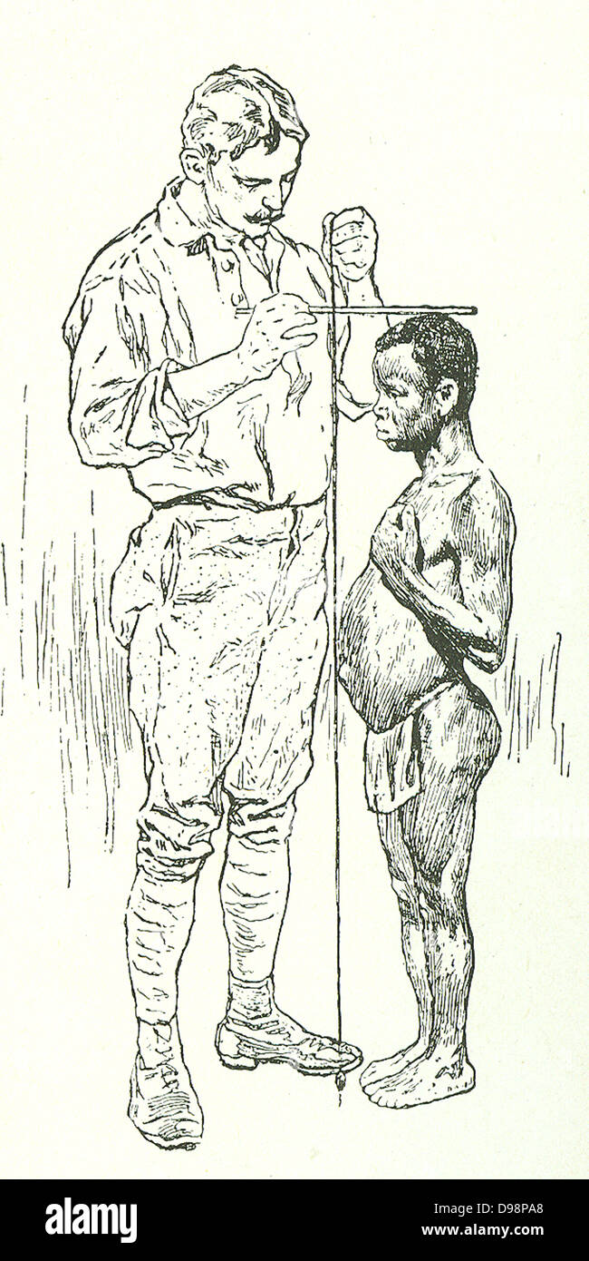 The height of a European (5 feet 11 inches) compared with that of a pigmy negro (4 feet 6 inches) Stock Photo