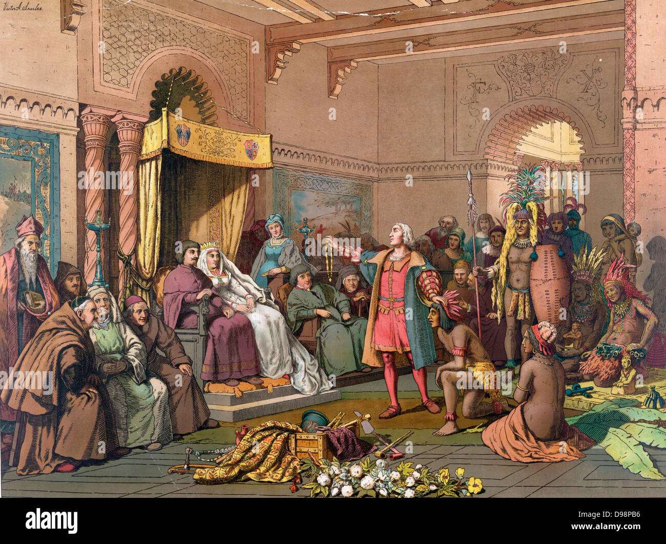 Columbus at the Court of Barcelona' before Ferdinand II of Aragon and Isabella of Castile on his return from his first voyage to the New World, February 1493, presenting treasures and Native Americans. Chromolithograph 1893. Stock Photo