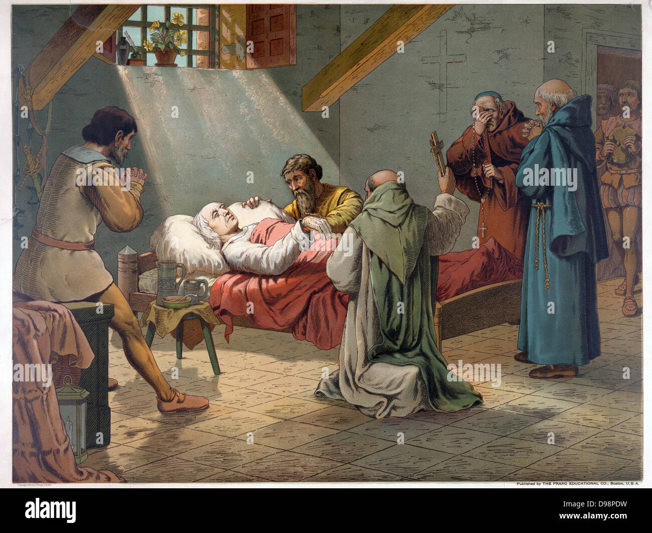 Christopher Columbus (c1451-1506) Genoese navigator and explorer on his deathbed at Valladolid. Religion Christian Priest America. Chromolithograph 1893. Stock Photo