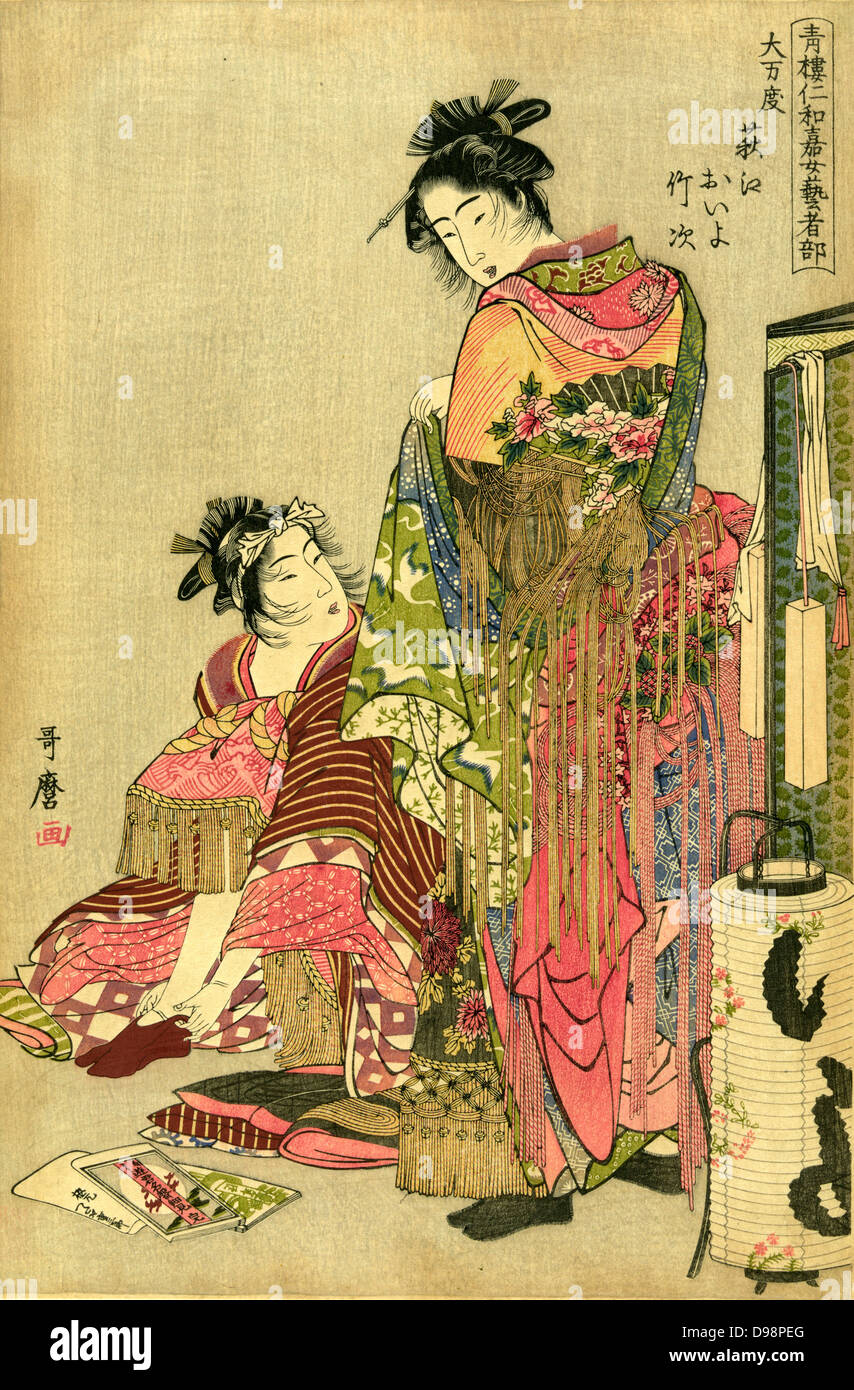 Two geishas dressing for a festival, 1785. One is putting on a sock with shaping for big toe. Lamp with paper shade, front right. Kitagawa Utamaro (1753-1806) JapaneseUukiyo-e artist. Female Courtesan Entertainer Fashion Kimono Stock Photo