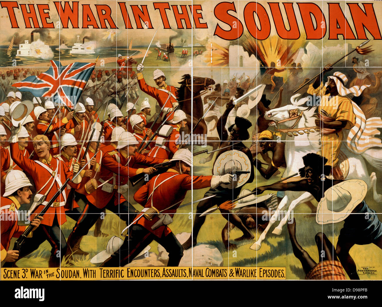 The War in the Soudan', poster for a Barnum and Bailey circus production 'The Mahdi, or, For the Victoria Cross', 1897, showing British and Mahdist troops fighting. Anglo-Sudan War (Mahdist War) 1881-1899, Northeast Africa. Stock Photo