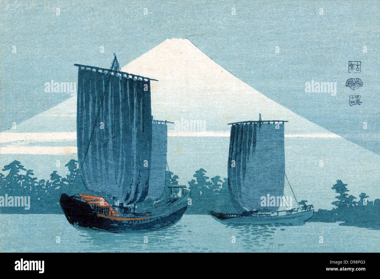 Sailing boats, Mount Fuji in background, 1900-1920. Konen Uehera (1878-1940) Japanese artist. Water Blue White Stock Photo