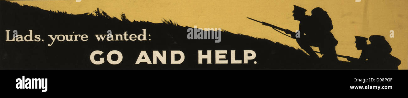 Lads, you're wanted: GO AND HELP. World War I 1914-1918, British recruitment poster showing two soldiers with fixed bayonets advancing stealthily up a hill. Stock Photo