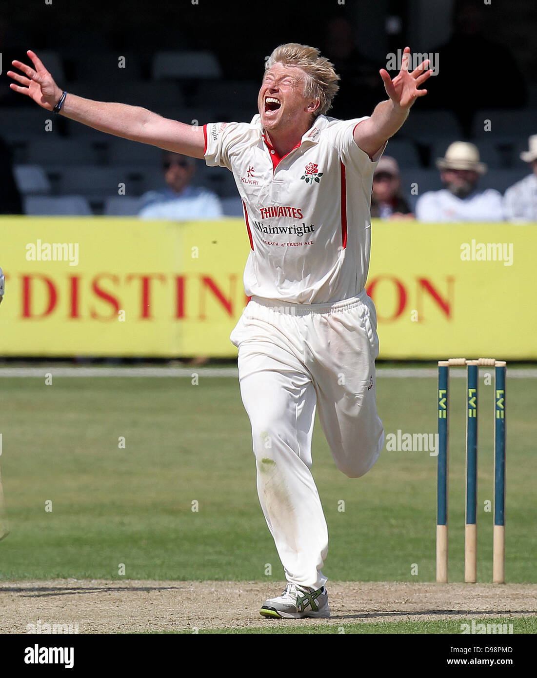 14.06.2013 Chelmsford, Essex. LV County Championship - Glen Chapple celebrates more bowling success for Lancashire  -  Essex CCC vs Lancashire CCC.  Essex were bowled out for a low score of 20 runs. Stock Photo