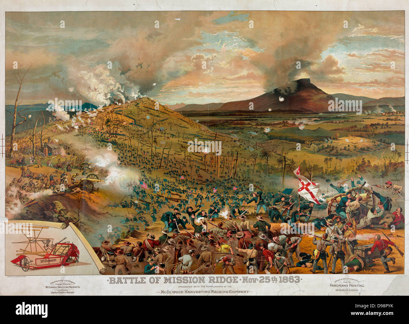 American Civil War 1861-1865. Chattanooga Campaign: Battle of Missionary Ridge, 25 November 1863. Union forces under Grant defeated Confederate army under Bragg. Print sponsered by McCormick Harvesting Co., 1886. Stock Photo