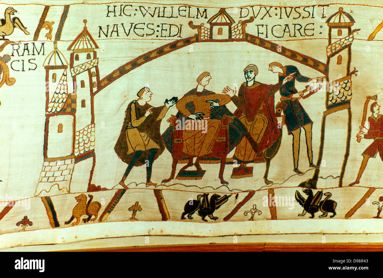 Bayeux Tapestry 1067. William of Normandy (William the Conqueror) told of the death of Edward the Confessor and the crowning of Harold II as king of England. Sitting on right is William's half-brother Bishop Odo of Bayeux. Textile Stock Photo
