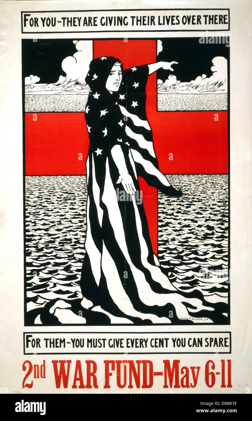 American World War I poster for 2nd War Fund 6-11 May 1918. For you - they are giving their lives over there. For them - you must give every cent you can spare. Woman draped in flag points across ocean. Charles W Bartlett (1860-1940). Stock Photo