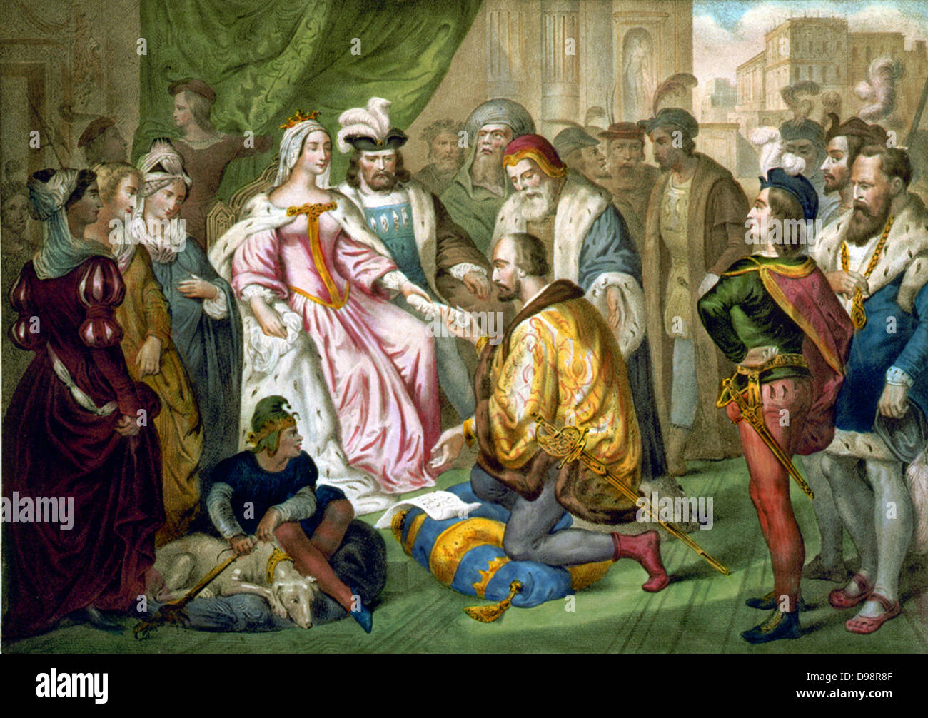 Christopher Columbus (1451-1506) Genoese navigator and explorer kneeling before his patrons, Isabella of Castile and Ferdinand II of Aragon. French illustration c1850. Stock Photo