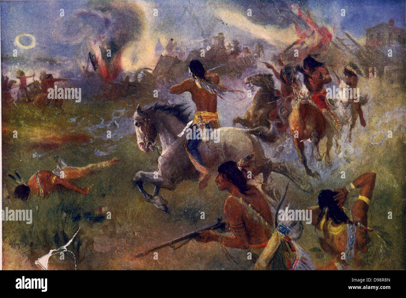 The Siege of New Ulm, Minnesota, 19 August 1862. Attack by Sioux tribesman from nearby reservation on townof 900 settlers. After painting by Heinrich Augustus Schwabe (1843-1916). Dakota War Native American Battle USA Stock Photo