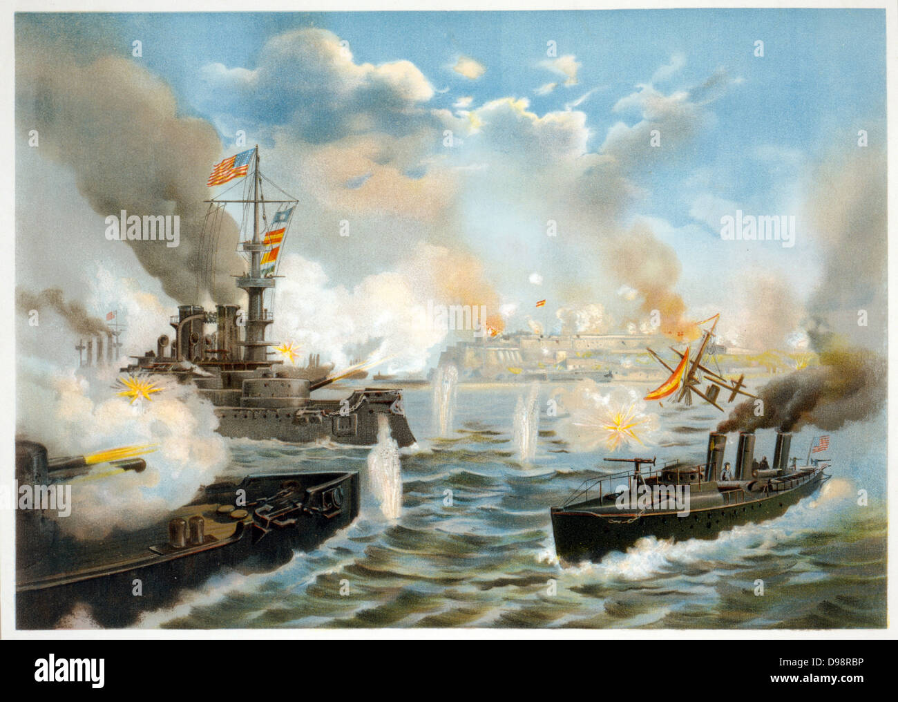Spanish-American War 1898: US Navy warships in action. Centre left the first class cruiser armoured Brooklyn. A torpedo boat, front right. Print c1898. Stock Photo