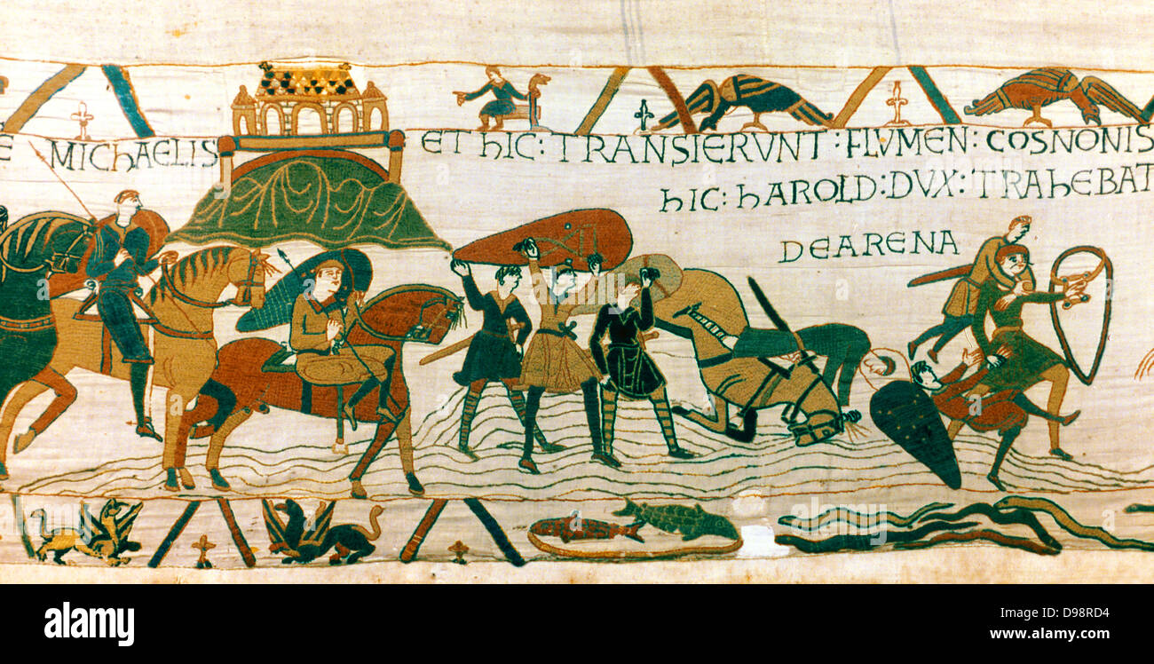 Bayeux Tapestry 1067: Harold Godwinson, Earl of Wessex (later Harold II of England) rescues William of Normandy's soldiers from quicksands as they cross into Brittany near Mont St Michel, 1064 Soldier Horseman Shield Sword Textile Stock Photo