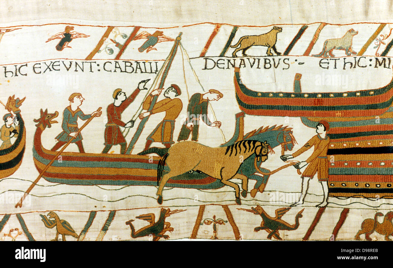 Bayeux Taestry 1067: Horses being unloaded from Norman boats at Pevensey, south coast of England, 28 September 1066. Battle of Hastings between William of Normandy and Harold of England, 14 October 1066. Invasion Textile Linen Stock Photo