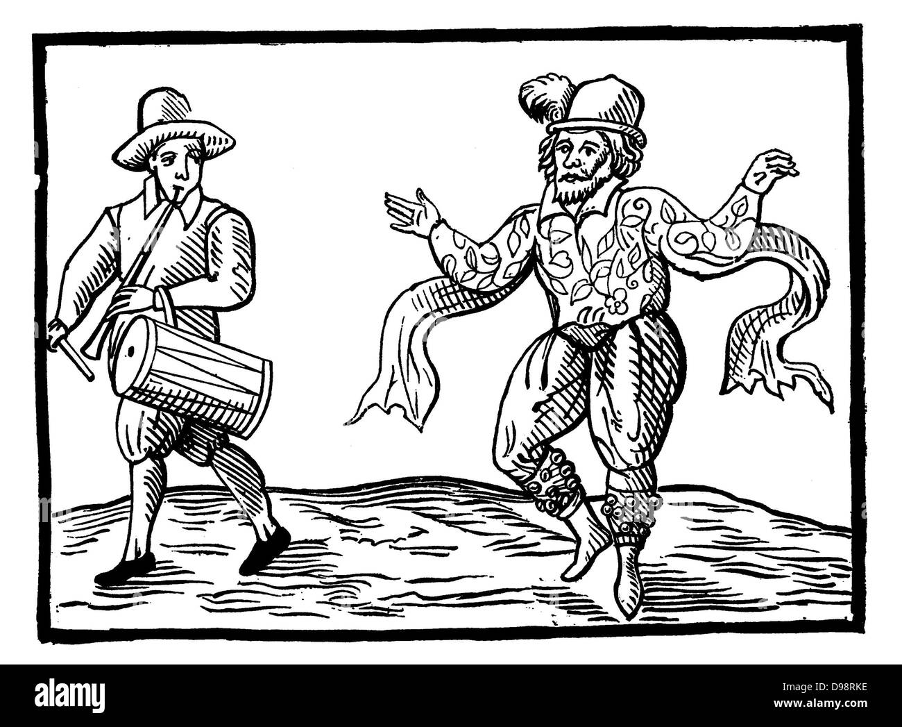 English Elizabethan clown Will Kempe dancing a jig from Norwich to London in 1600. William Kempe (also spelled Kemp) (fl. 1600{d.1603?}) was an English actor and dancer best known for being one of the original actors in William Shakespeare's plays. Specialising in comic roles, he was considered during the period as the successor to the great Queen's Men clown Richard Tarlton.  Source: Kempes Nine Daies Wonder Date 160 Stock Photo