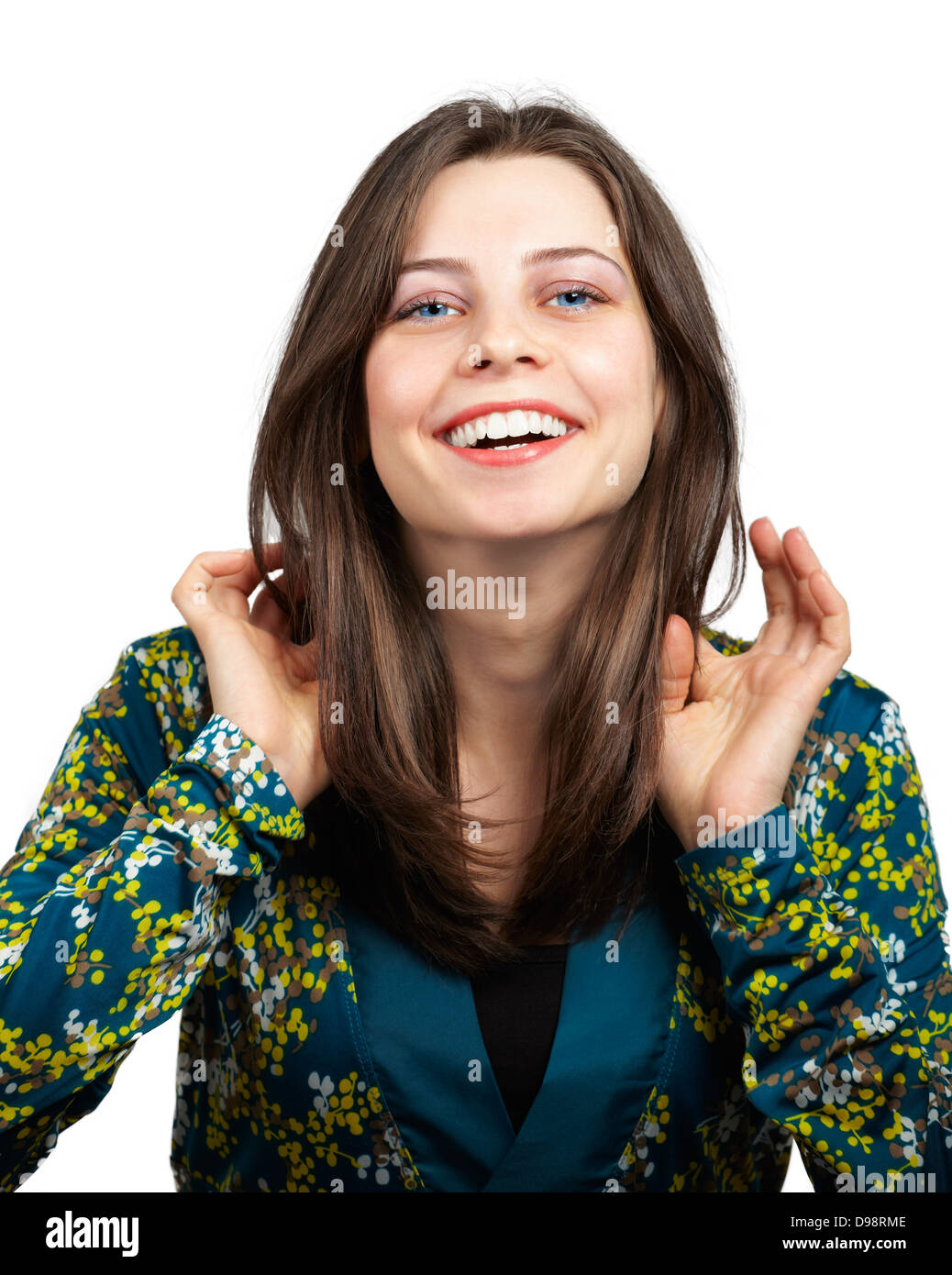Portrait of a beautiful young woman smiling isolated over white ...