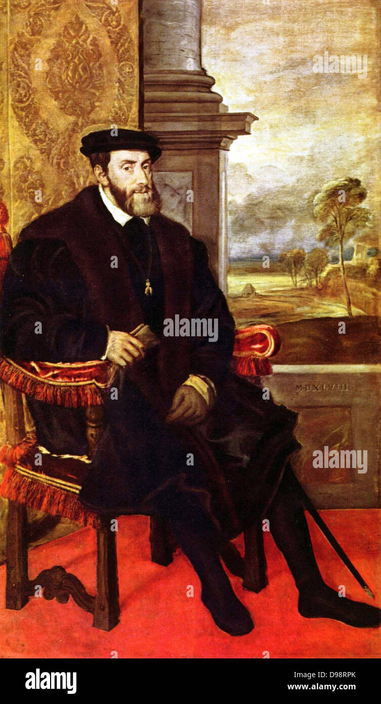 traditionally attributed to Titian, today attributed to Lambert Sustris : Portrait of Charles V of Spain, Holy Roman Emperor Stock Photo