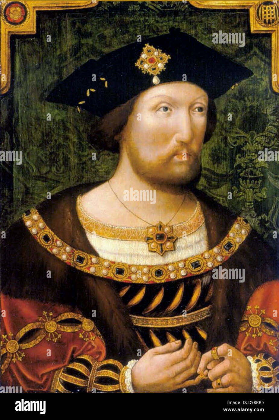 Henry VIII as a young man (by Holbein). Henry VIII (28 June 1491 – 28 January 1547) was King of England from 21 April 1509 until his death. He was Lord of Ireland (later King of Ireland) and claimant to the Kingdom of France. Henry was the second monarch of the House of Tudor, succeeding his father, Henry VII. Stock Photo