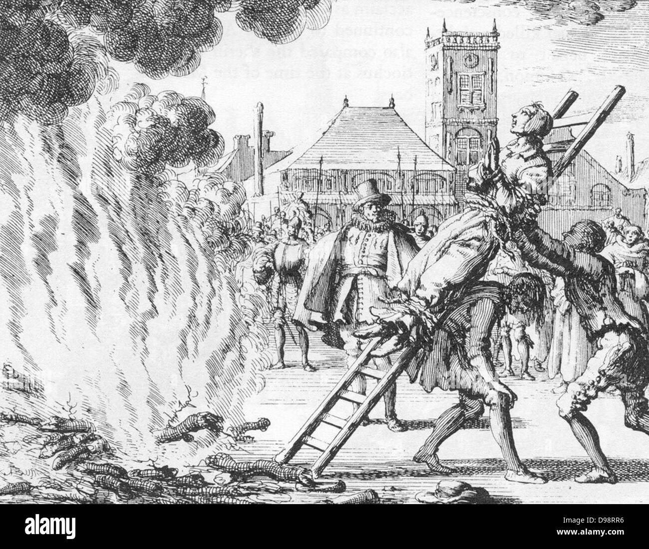 Ann Ekende Vlasteran burned alive in 1571 for the heresy of Anabaptism. From 'Mirror Martyrs', 1660. Anabaptists rejected infant baptism and practiced Believer's or Credobaptism. Religion Christian Persecution Fire Stock Photo