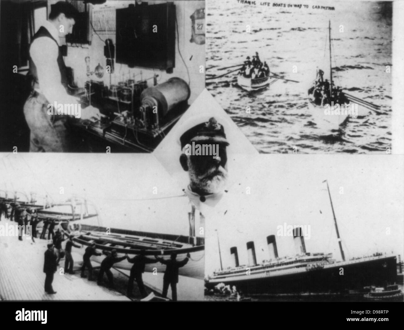 Loss of RMS Titanic which struck an iceberg on 12 April 1912. Wireless operator on SS Carpathia receiving distress message: Captain Smith of the Titanic: Lifboats bringing survivors to the Carpathia. Shipwreck Disaster Stock Photo