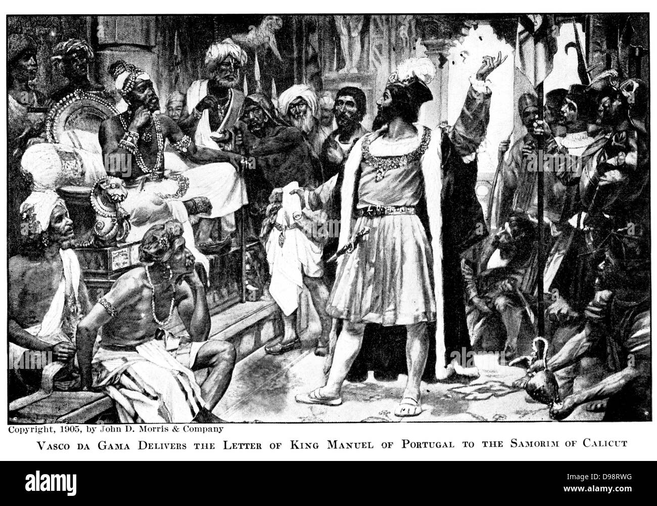 Vasco da Gama delivers the letter of King Manuel of Portugal to the Samorim of Calicut Stock Photo