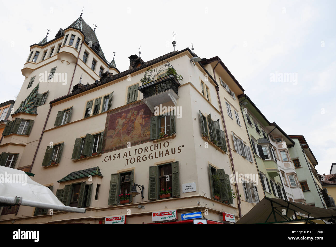 Center and historic buildings of Bolzano,'Casa al torchio'Torgglhaus Stock Photo