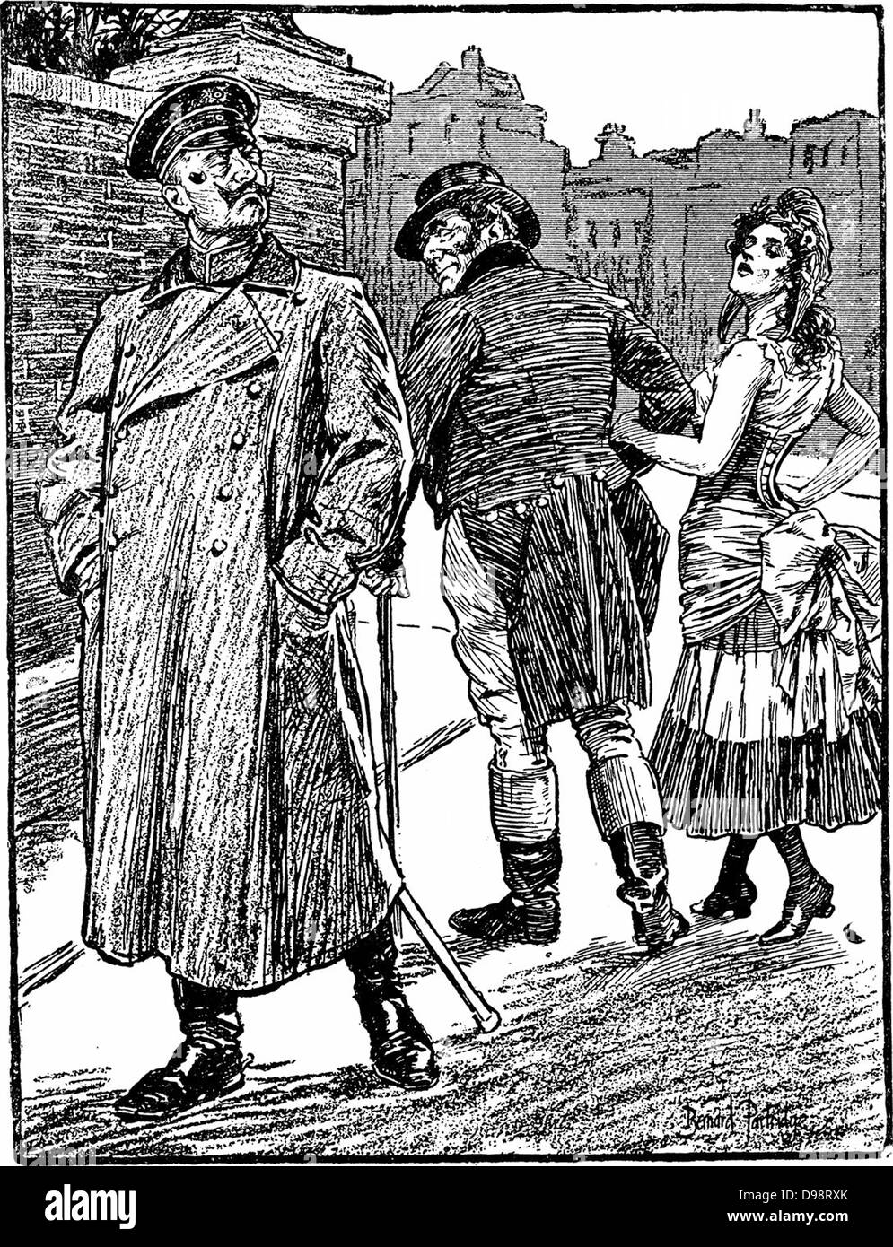 A cartoon apparently expressing a rather sour German point of view on the British-French 'Entente Cordiale' of 1904 -- John Bull walks off with the trollop France (in her scandalously short tricolour skirt, whose red and blue colours are indicated by the conventions of heraldic 'hatching'), while Germany pretends not to care. Stock Photo