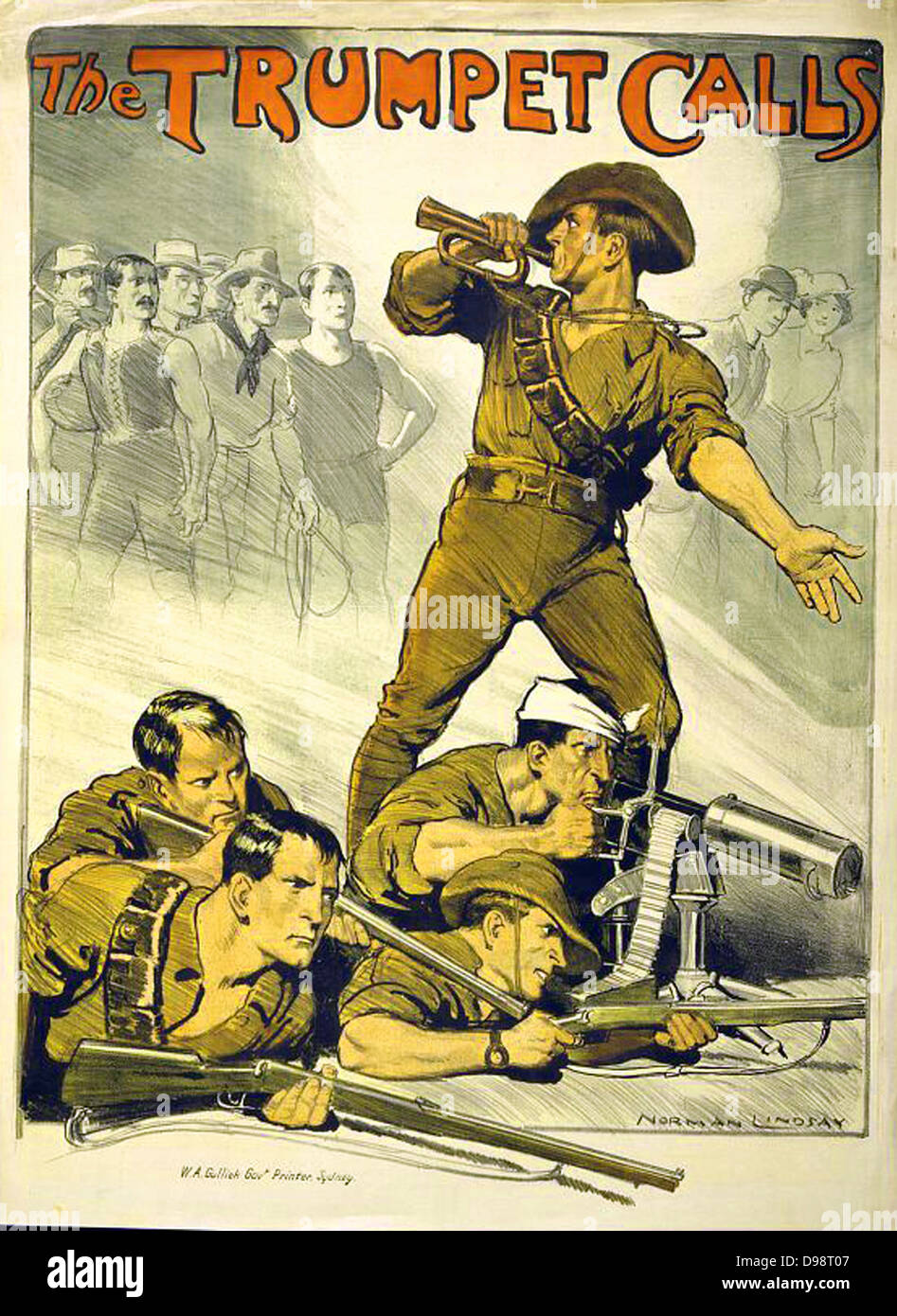 The Trumpet Calls: Australian World War I recruitment poster. Bugler calling Australian men to join their compatriots already fighting. Norman Lindsay (1879-1969) Australian artist. Machine Gun Rifle Stock Photo