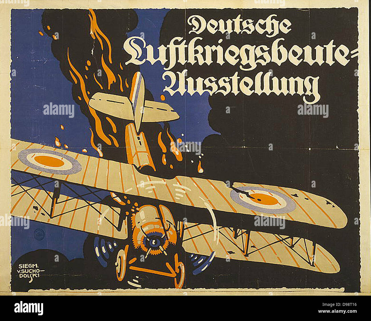 World War I 1914-1918: Demonstration of German airforce effectiveness. 1918 German propaganda poster of British biplane going down in flames. Sigmund Suchodolski (1875-1935) German artist. Aircraft Aerial Warfare Stock Photo