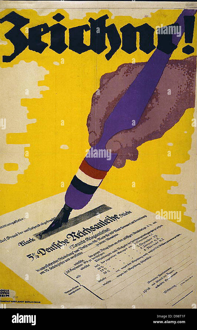 World War I 1914-1918. Poster showing a hand holding a pen and signing a War Bond certificate. German poster, 1918. Stock Photo