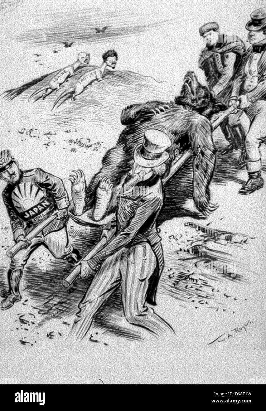 'A hospital case'  1918 pen and ink By William Allen Rogers 1854-1931. The allies (Japan, Czech, England (John Bull), and United States (Uncle Sam) carrying a litter with a wounded bear (Soviet Union) while small animals (Trotsky  and Lenin) (Lenin) watch from a sand hill. Anti-Red cartoon published during the Red Scare period 1917-1920 Stock Photo