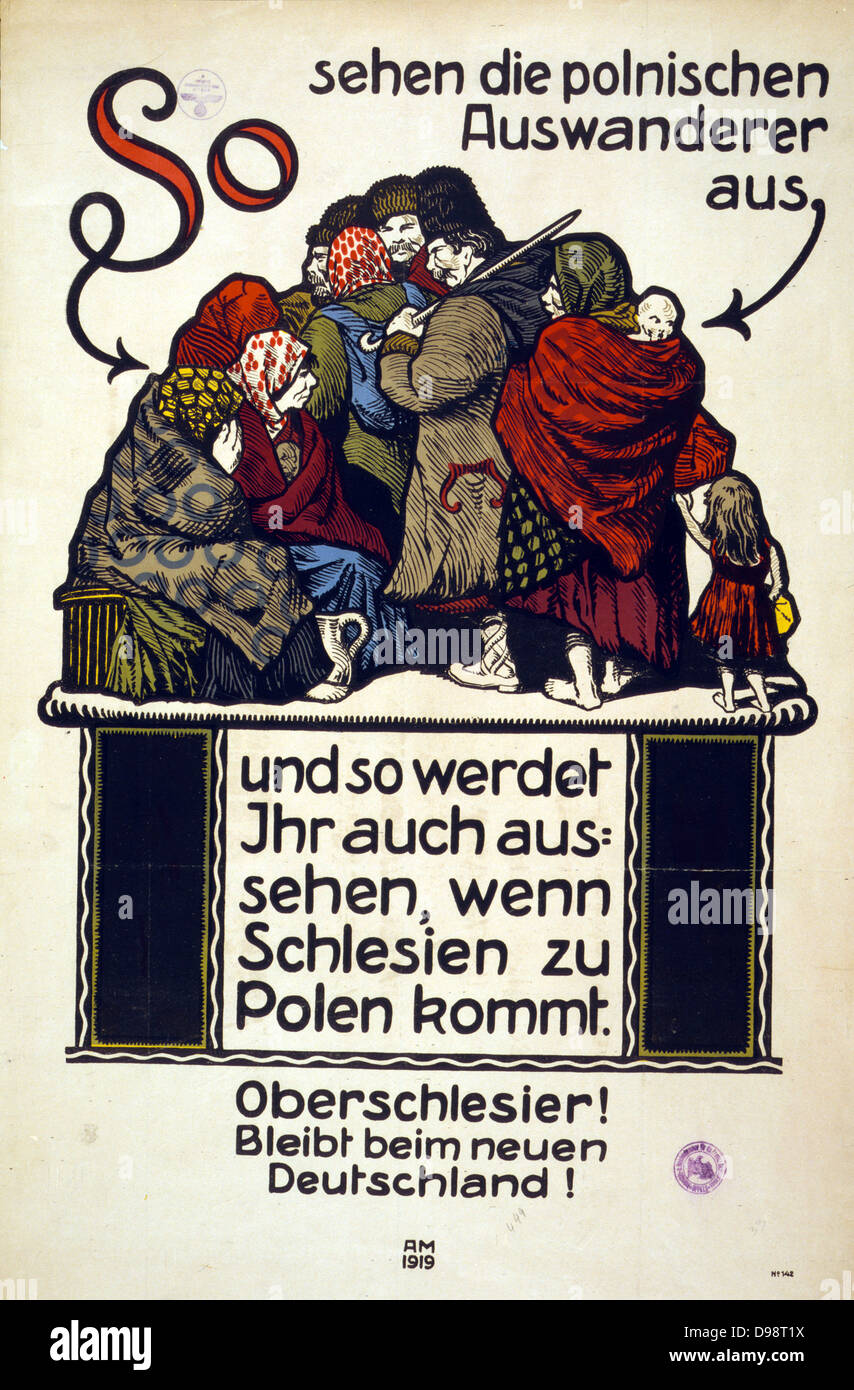 German Anti-Polish poster, 1919. Poor, huddled barefoot Polish refugees. This is what you will look like if you vote for Poland not Germany in the Upper Silesian plebiscite. Alfred Munzer (1870-1953) German artist. Propaganda Stock Photo