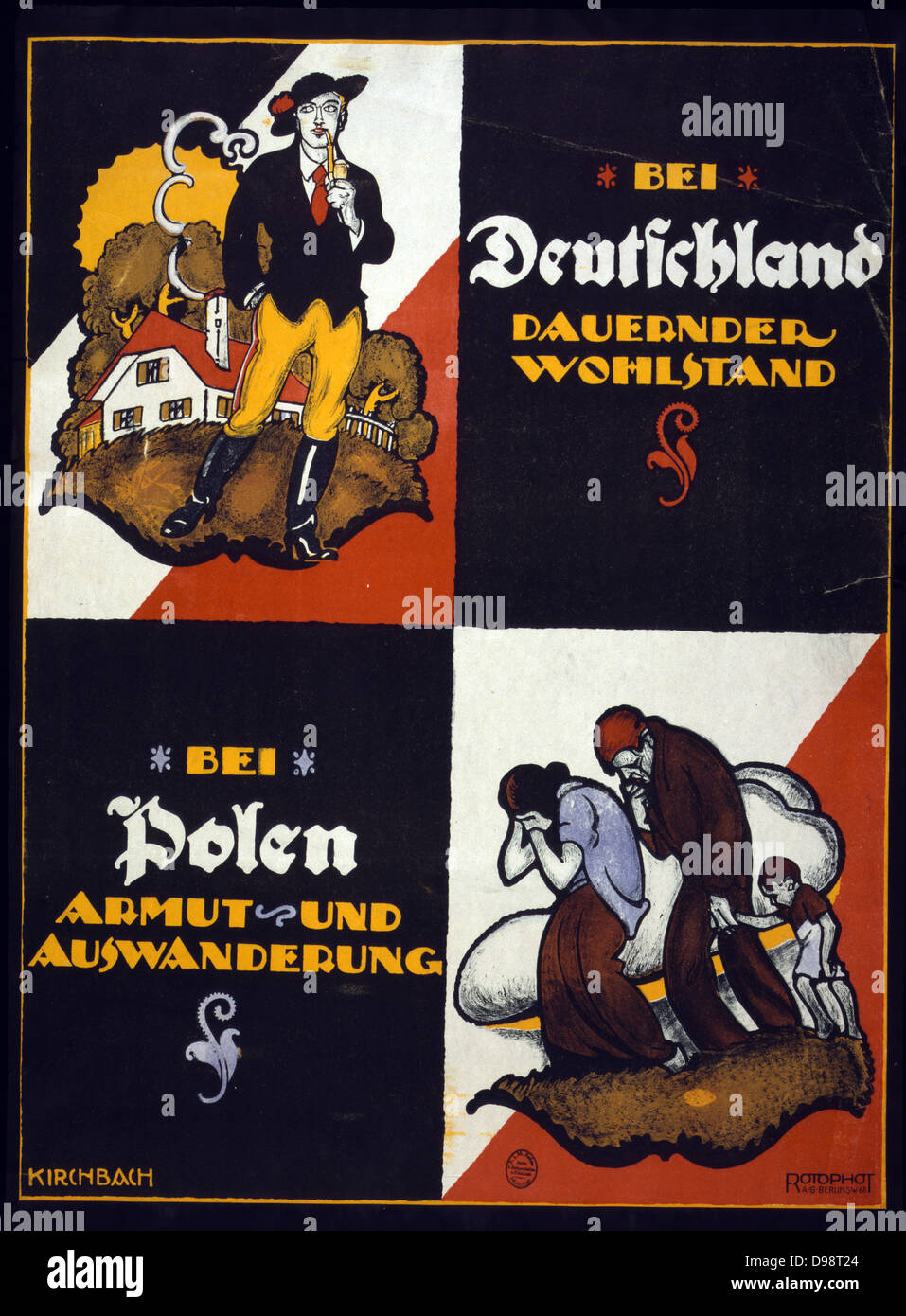 German Anti-Polish poster, 1920. If you vote for Germany (top) in the Upper Silesian plebiscite, propserity. If you vote for Poland, poverty. Fritz Gottfried Kirchbach (1888-1942) German artist. Propaganda Stock Photo