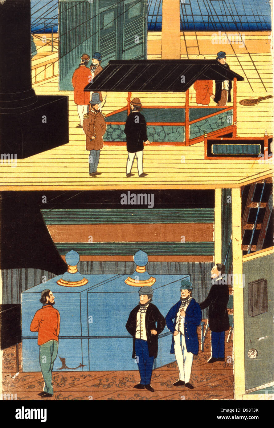 Cross-section of a European ship showing men in European dress on deck, top, and men on the lower deck: Yokahama, Japan, 1861. Utagawa Yoshikazu (active c1850-1870) Japanese artist. Commerce Trade Merchant Stock Photo