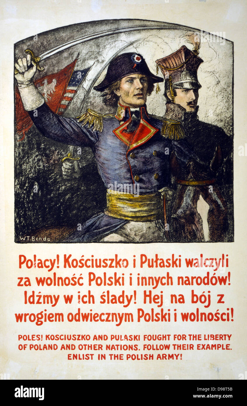 World War I Polish army recruitment poster, 1917. Casimir Pulaski and Thaddeus Kosciuszko, 18th/19th century Polish heroes used to appeal to Polish nationalism to recruit men to fight for their country. Stock Photo