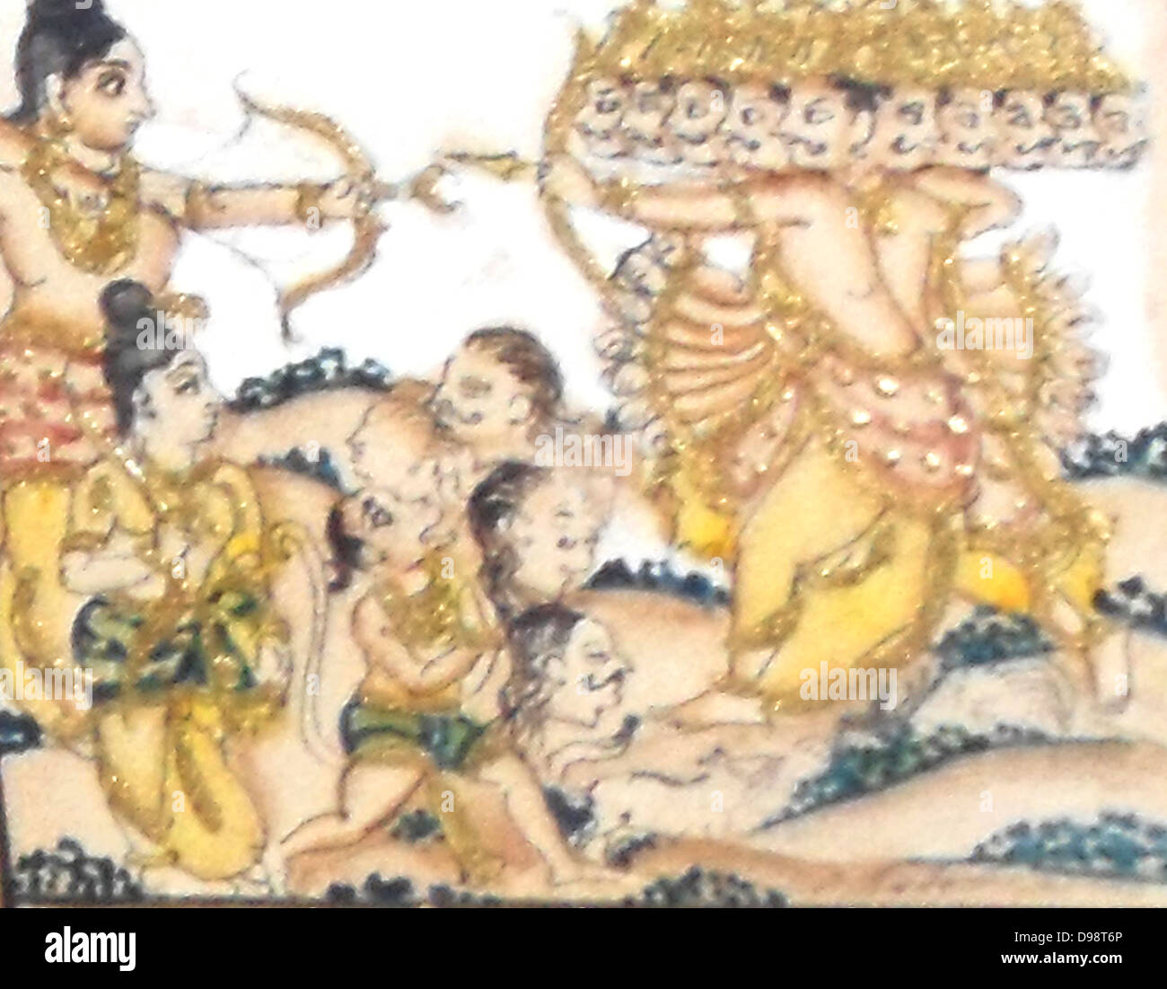 Detail from a 19th century enamel and glazed picture depicting the Hindu legend of the Ramayana. The Ramayana is one of the two epic Hindu poems, the other being the Mahabharata. The Ramayana describes a love story between Rama, an ancient King, and Sita, who is captured by Ravan, the King of Ceylon. Rama lays siege to Ceylon and wins back Sita Stock Photo