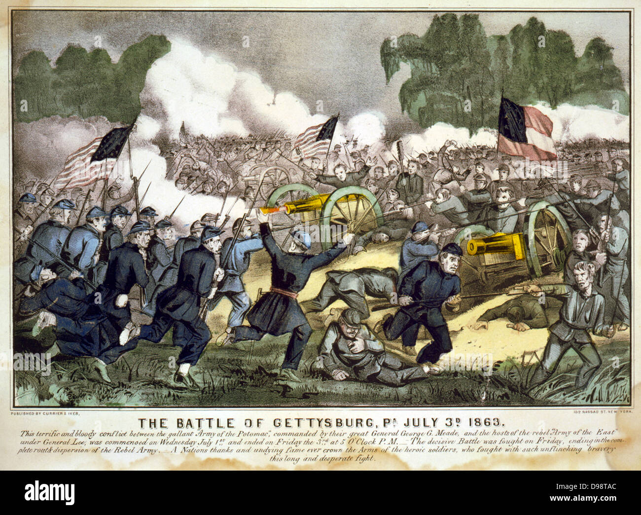 American Civil War 1861-1865: Battle of Gettysburg 1-3 July 1863 which  ended Lee's invasion of the North. Union troops, bayonets fixed, charging  Confederate guns. Heaviest casualties than in any other in the