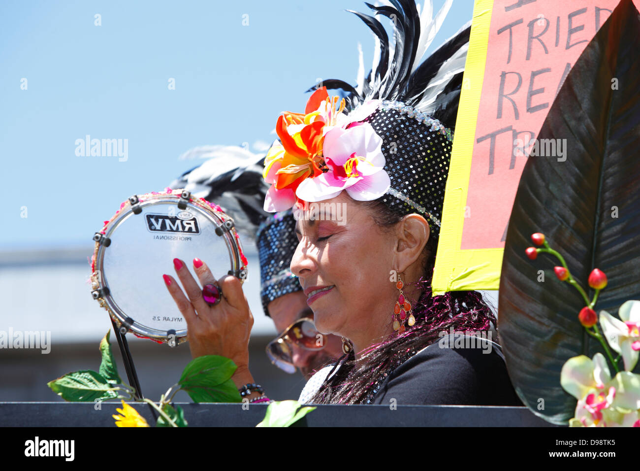 Musician on a float during carnaval parade in Mission District, San Francisco, California, USA Stock Photo