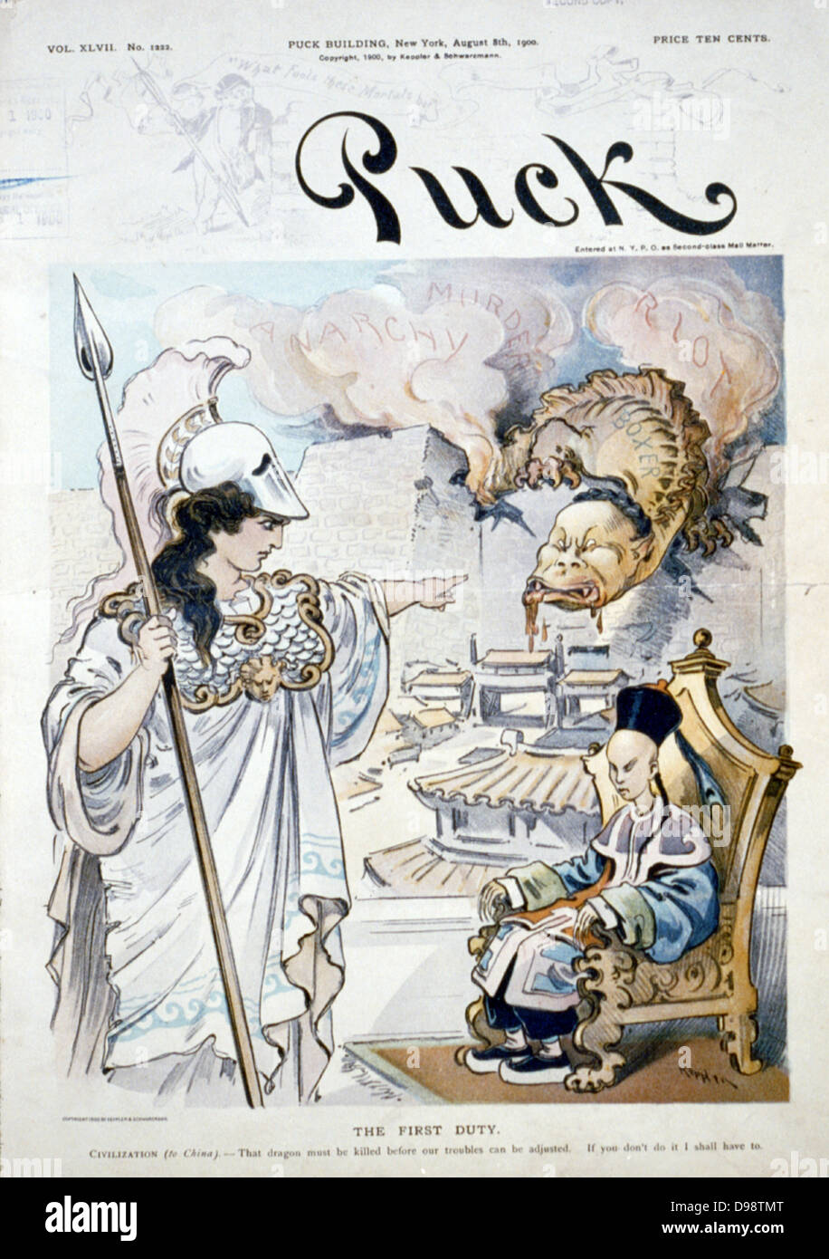 Boxer Rising, China, 1899-1901: Civilization telling the Chinese Emperor that the first duty is to kill the dragon of rebellion, if he does not do it, she will have to. Front page of American satirical magazine 'Puck' 8 August 1900. Stock Photo