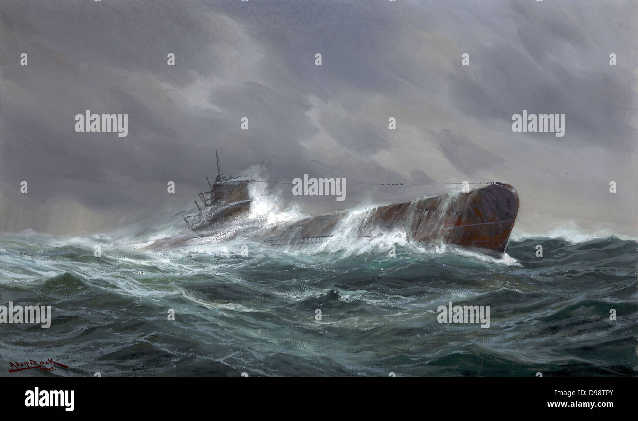 World War II 9139-1945: 'Submarine at sea 1943'. German navy U-boat travelling on surface in a choppy sea, crew members on conning tower. By German marine artist Adolf Bock 1890-1968. Stock Photo